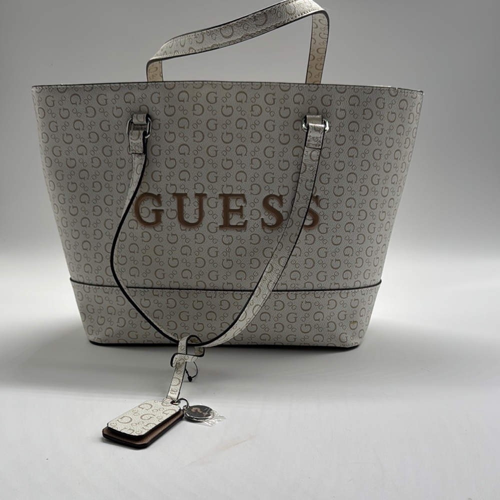 GUESS White and Brown Women's Tote Bag